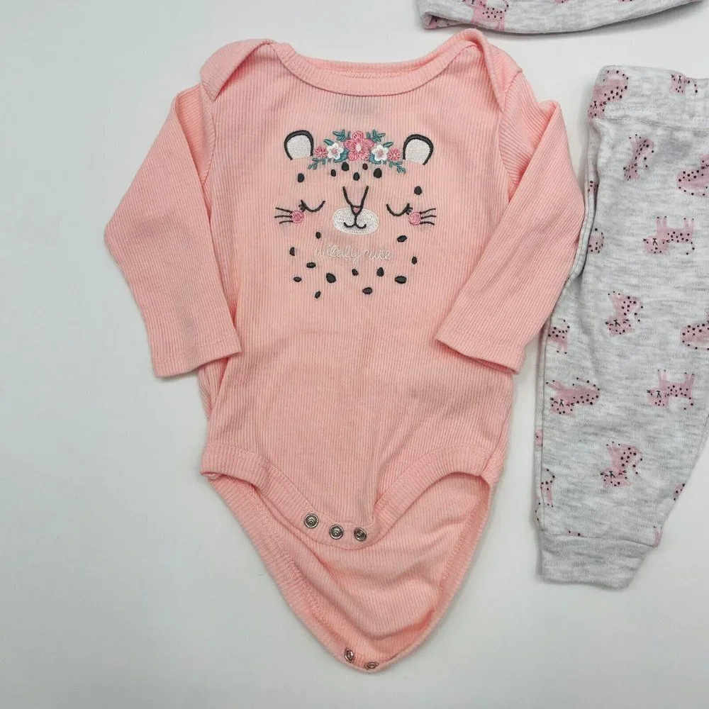 Bon Bebe Infant Baby Girls 3-6 Month Wildly Cute Cat Print 3 Piece Set Pink 1818